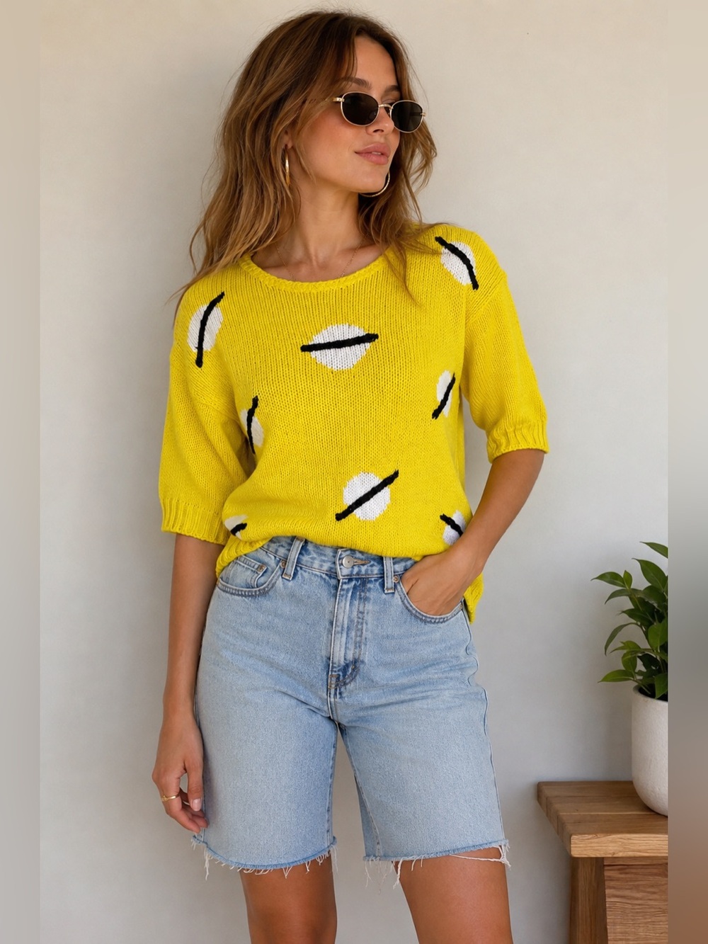 Vintage 80/90’s Yellow Geometric Print Knit Sweater - Women's